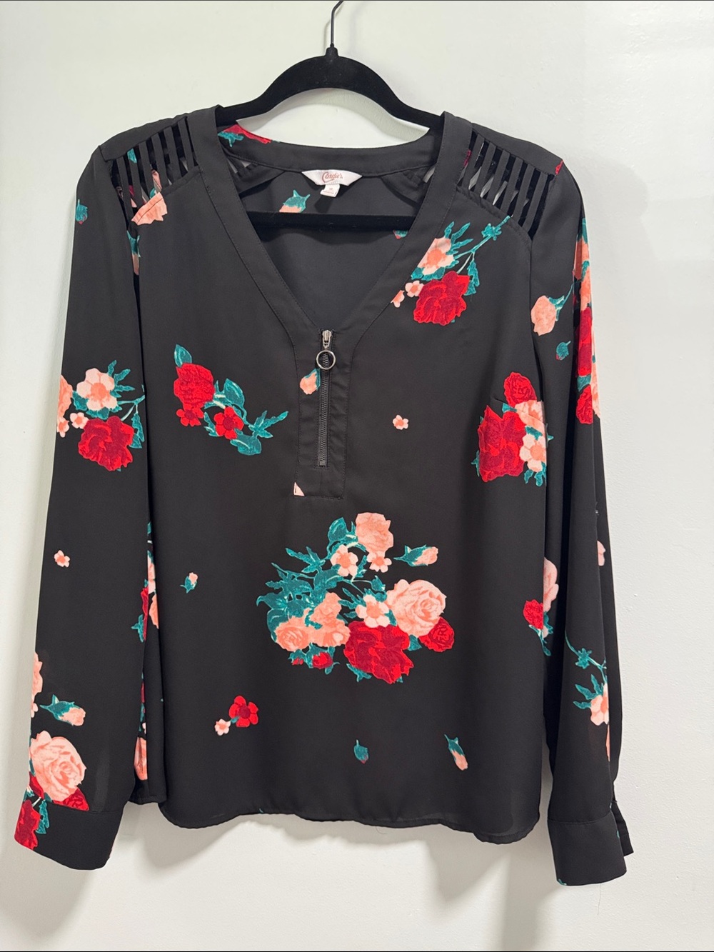 Candies Floral Zip-Front Black Blouse